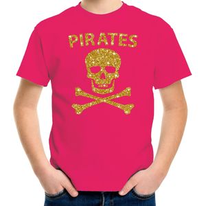 Carnaval piraten t-shirt roze voor kids met gouden glitter bedrukking