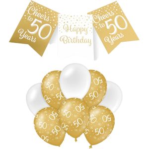 Paperdreams Luxe 50 jaar feestversiering set - Ballonnen &amp; vlaggenlijnen - wit/goud