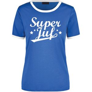 Super juf cadeau ringer t-shirt blauw met witte randjes voor dames - Einde schooljaar/juffendag cadeau
