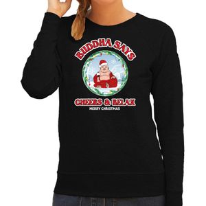 Bellatio Decorations foute Kersttrui/sweater voor dames - buddha says cheers &amp;amp; relax - zwart - wijn