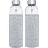 2x stuks glazen waterfles/drinkfles met grijze softshell bescherm hoes 500 ml