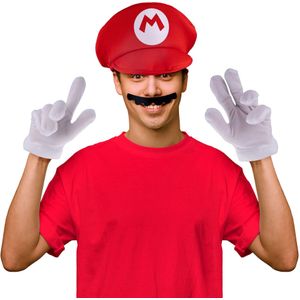 Funny Fashion Loodgieter Mario verkleedset - snor/handschoenen/pet - voor volwassenen