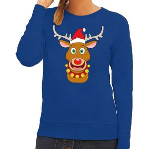 Foute kersttrui blauw met Ruldolf het rendier met rode muts voor dames