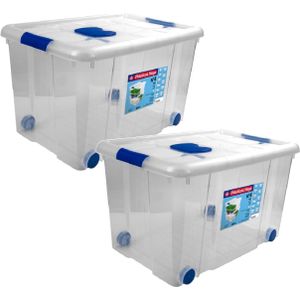 4x Opbergboxen/opbergdozen met deksel en wieltjes 55 liter kunststof transparant/blauw - 59 x 40 x 35 cm