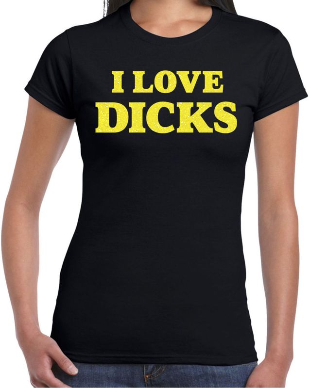 Bellatio Decorations - Foute Party T-shirt - Zwart - I Love Dicks - Glitter Geel