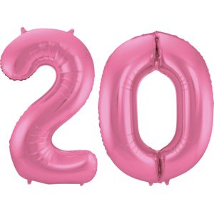 Leeftijd feestartikelen/versiering grote folie ballonnen 20 jaar glimmend roze 86 cm