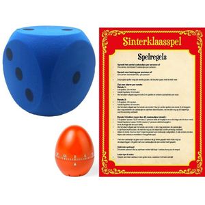 Sinterklaasspel met blauwe dobbelsteen en timer/wekker