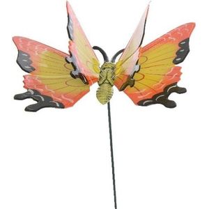 Gele/oranje metalen tuindecoratie vlinder op stok 17 x 60 cm