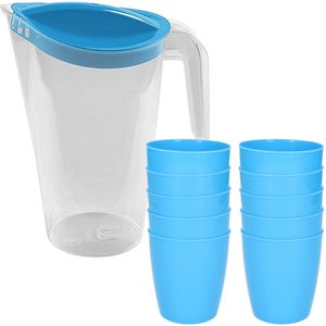 10x kunststof drinkbekers 300 ML met schenkkan set blauw van 1.75 liter