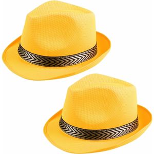 2x stuks trilby carnaval/verkleed hoedje geel voor volwassenen