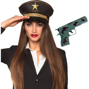 Carnaval verkleed set Leger Officier - luxe pet - met pistool 15 cm en holster - Generaal