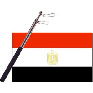 Landen vlag Egypte - 90 x 150 cm - met compacte draagbare telescoop vlaggenstok - supporters