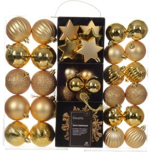 Decoris kerstballen en kersthangers - 40x - kunststof - goud - mix