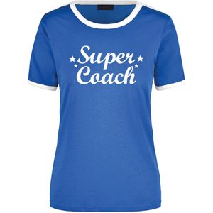 Super coach cadeau ringer t-shirt blauw met witte randjes voor dames - Einde schooljaar/verjaardag cadeau