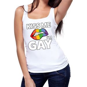 Kiss me i am gay tekst/fun tanktop shirt wit dames