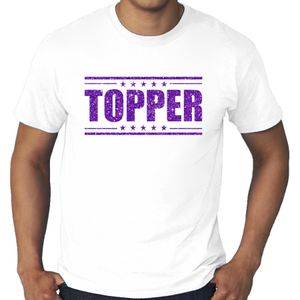 Wit t-shirt in grote maat heren met tekst topper in paarse glitter letters