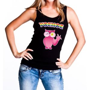 Gaypride Yoehoe roze knipogende uil tekst/fun tanktop zwart dames