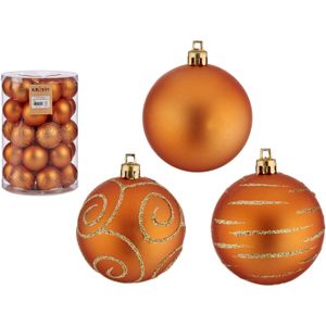 60x stuks gedecoreerde kerstballen oranje kunststof 6 cm