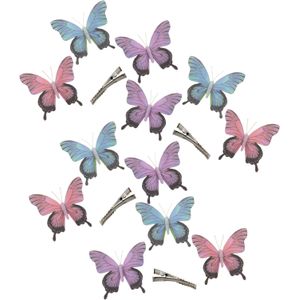 12x stuks decoratie vlinders op clip - paars/blauw/roze - 12 cm