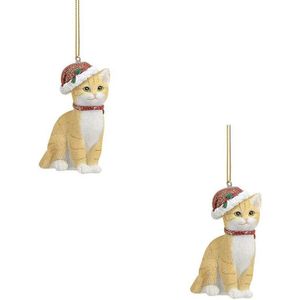 2x Kersthangers beige katten met kerstmuts 9 cm kerstversiering