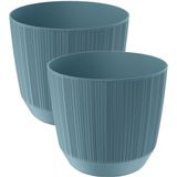 2x stuks moderne carf-stripe plantenpot/bloempot kunststof dia 13 cm/hoogte 11 cm stone blauw