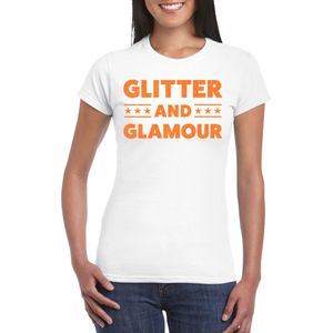 Bellatio Decorations Verkleed T-shirt dames - glitter and glamour - wit - oranje glitter - carnaval