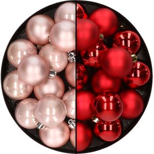 32x stuks kunststof kerstballen mix van lichtroze en rood 4 cm