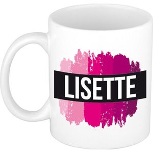 Lisette  naam / voornaam kado beker / mok roze verfstrepen - Gepersonaliseerde mok met naam