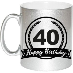 Happy Birthday 40 years met wimpel cadeau koffiemok / theebeker zilver 330 ml