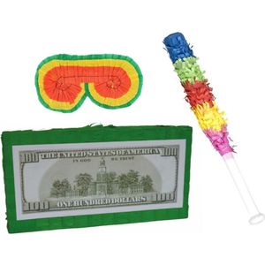 Verjaardag Pinata Dollar biljet van 50 cm set met stok en masker