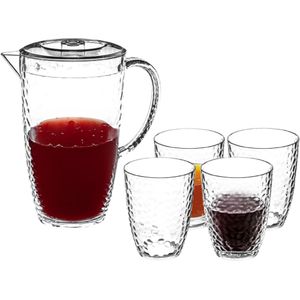 5Five Sapkan/schenkkan karaf met deksel en 6x drinkglazen - 2000 ml - transparant - kunststof