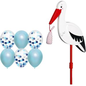 Geboorte versiering jongen - ooievaar geboorte bord - 77 cm hoog - 6x blauwe ballonnen