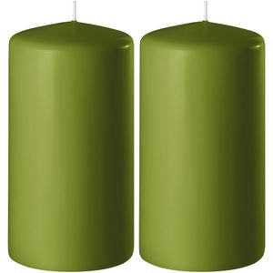 2x Olijf groene cilinderkaarsen/stompkaarsen 6 x 15 cm 58 branduren - Geurloze kaarsen olijf groen - Woondecoraties