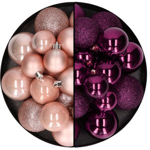 Kerstballen 60x stuks - mix lichtroze/paars - 4-5-6 cm - kunststof