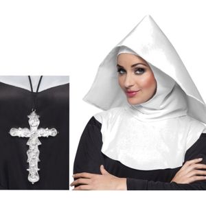 4x stuks nonnen carnaval verkleed setje van hoofdkap kraag en zilveren kruis aan ketting