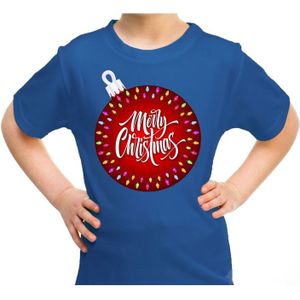 Blauw t-shirt / kerstkleding kerstbal merry christmas voor kinderen