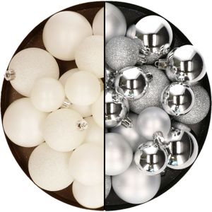 Kerstballen 60x stuks - mix wol wit/zilver - 4-5-6 cm - kunststof