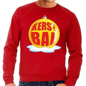 Foute feest kerst sweater met gele kerstbal op rode sweater voor heren
