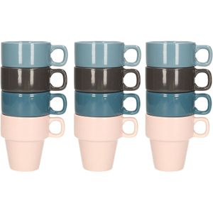 Excellent Houseware koffie/thee mokken - 12x - stapelbaar- aardewerk - 180 ml