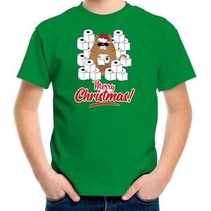 Groen  Kerst shirt/ Kerstkleding hamsterende kat Merry Christmas voor kinderen