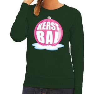 Foute feest kerst sweater met roze kerstbal op groene sweater voor dames