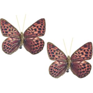 9x Kerstversieringen vlinders op clip rood/bruin/goud 10 cm