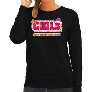 Bellatio Decorations foute kersttrui/sweater voor dames - girls just wanna have wine - zwart/roze