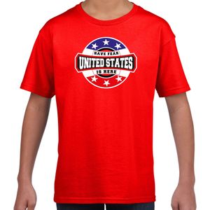 Have fear United States / Amerika is here supporter shirt / kleding met sterren embleem rood voor kids