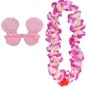 Tropische Hawaii party verkleed accessoires set - schelpen zonnebril - en bloemenkrans roze