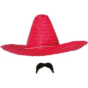Carnaval verkleed setje - Mexicaanse sombrero hoed met plak nepsnor - rood - heren