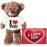 Knuffel teddybeer I love you 24 cm met Valentijnskaart A5 - Valentijn/ romantisch cadeau