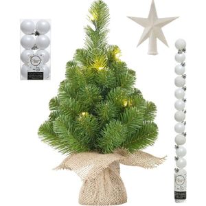 Kunst kerstboom met 15 LED lampjes 60 cm inclusief witte versiering 31-delig