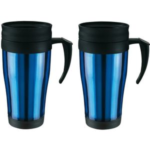 2x Thermosbeker/warmhoudbeker blauw/zwart 400 ml - Thermo koffie/thee bekers dubbelwandig met schroefdop 2 stuks