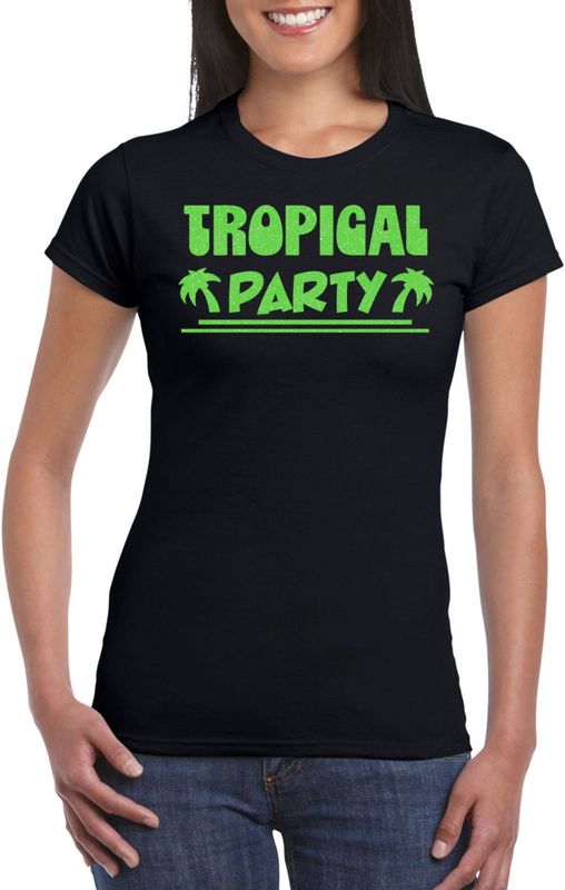 Bellatio Decorations Tropical party T-shirt dames - met glitters - zwart/groen - carnaval/themafeest